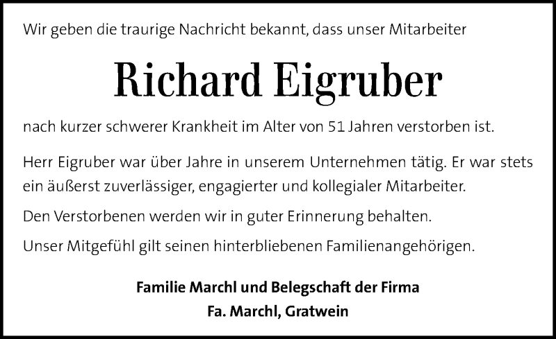  Traueranzeige für Richard Eigruber vom 21.07.2017 aus Kleine Zeitung