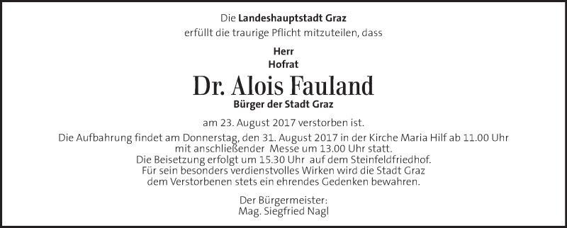  Traueranzeige für Alois Fauland  vom 26.08.2017 aus Kleine Zeitung