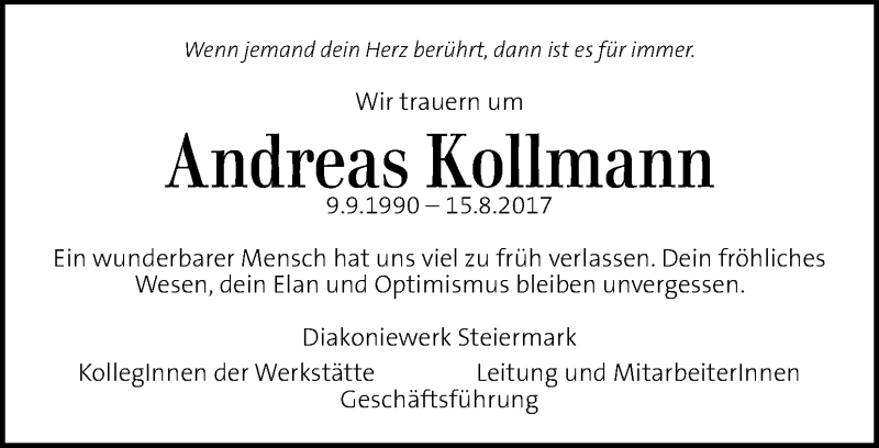  Traueranzeige für Andreas Kollmann vom 18.08.2017 aus Kleine Zeitung