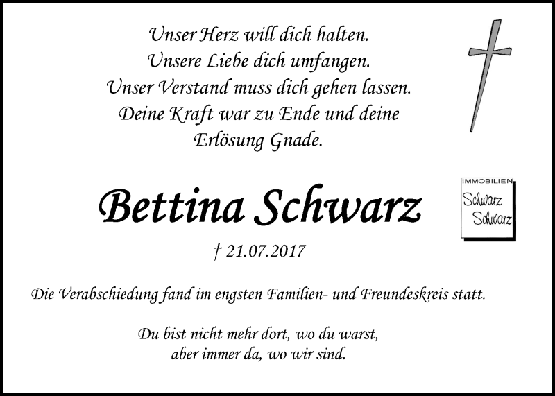  Traueranzeige für Bettina Schwarz vom 25.08.2017 aus Kleine Zeitung
