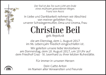 Traueranzeige von Christine Beil  von Kleine Zeitung