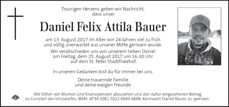  Traueranzeige für Daniel Felix Attila Bauer vom 18.08.2017 aus Kleine Zeitung