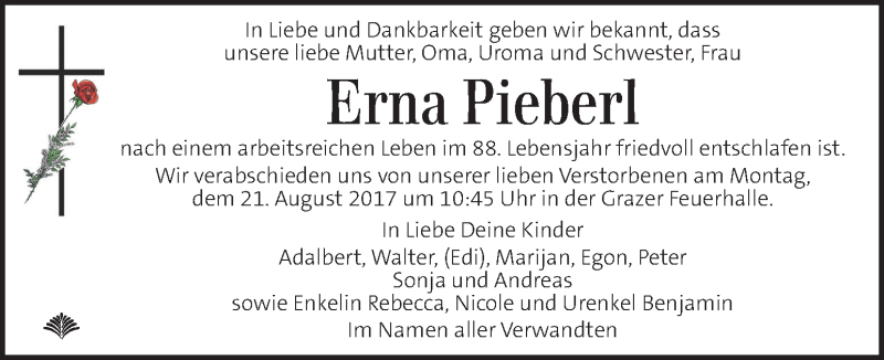  Traueranzeige für Erna Pieberl vom 17.08.2017 aus Kleine Zeitung