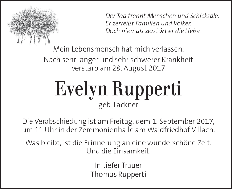  Traueranzeige für Evelyn Rupperti vom 31.08.2017 aus Kleine Zeitung