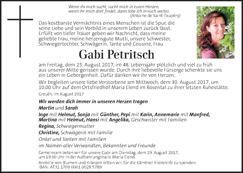  Traueranzeige für Gabi Petritsch vom 29.08.2017 aus Kleine Zeitung