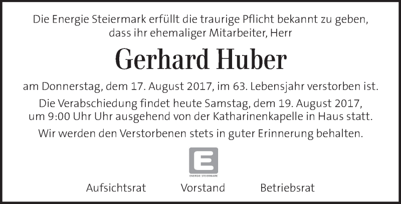  Traueranzeige für Gerhard Huber vom 19.08.2017 aus Kleine Zeitung