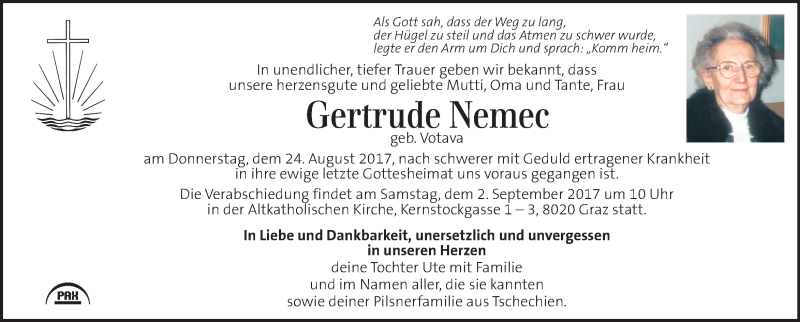  Traueranzeige für Gertrude Nemec vom 29.08.2017 aus Kleine Zeitung