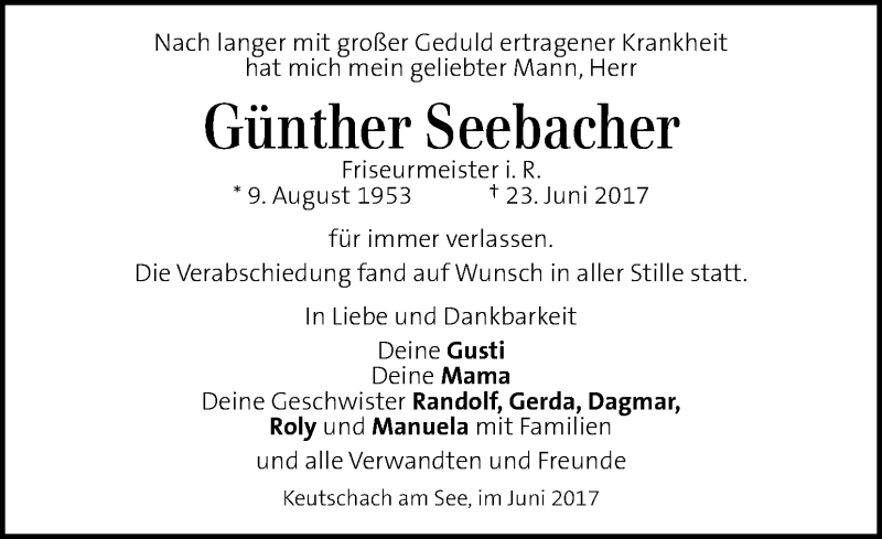  Traueranzeige für Günther Seebacher vom 09.08.2017 aus Kleine Zeitung
