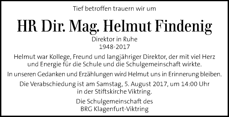  Traueranzeige für Helmut Findenig vom 03.08.2017 aus Kleine Zeitung