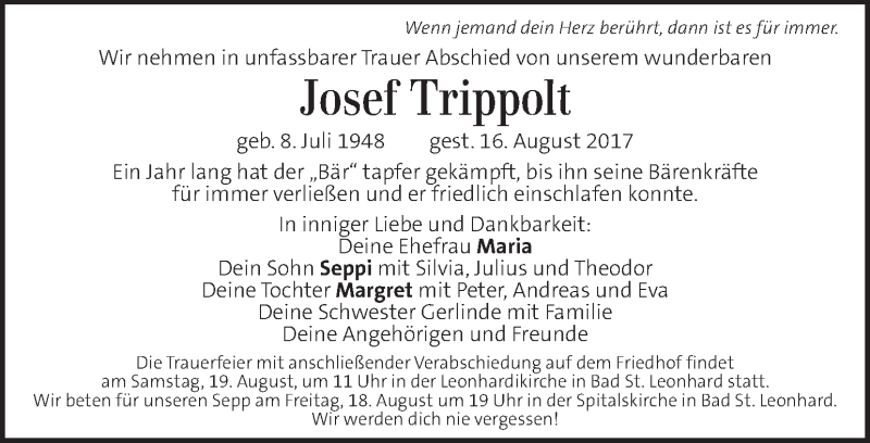  Traueranzeige für Josef Trippolt vom 17.08.2017 aus Kleine Zeitung