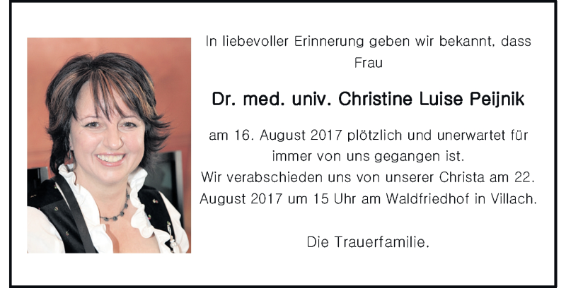  Traueranzeige für Luise Peijnik vom 20.08.2017 aus Kleine Zeitung