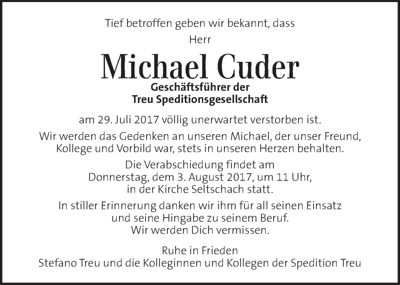  Traueranzeige für Michael Cuder vom 03.08.2017 aus Kleine Zeitung