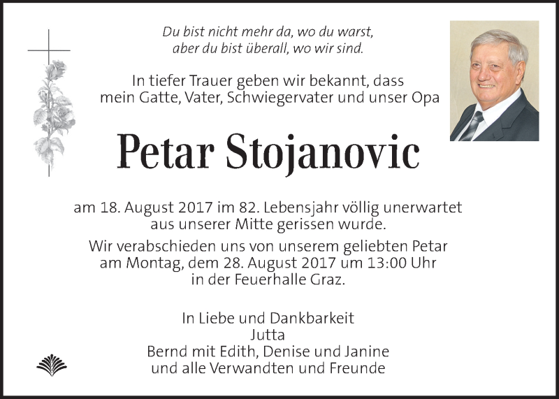  Traueranzeige für Petar Stojanovic vom 26.08.2017 aus Kleine Zeitung