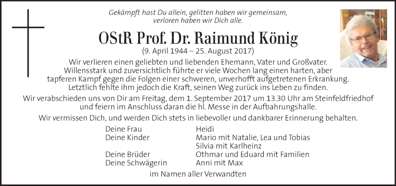  Traueranzeige für Raimund König vom 30.08.2017 aus Kleine Zeitung
