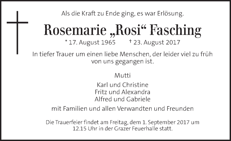  Traueranzeige für Rosemarie Fasching vom 29.08.2017 aus Kleine Zeitung