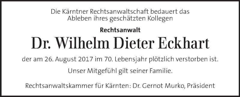  Traueranzeige für Wilhelm Dieter Eckhart vom 31.08.2017 aus Kleine Zeitung