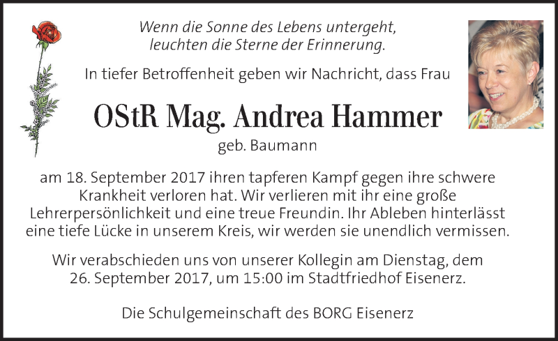  Traueranzeige für Andrea Hammer vom 21.09.2017 aus Kleine Zeitung