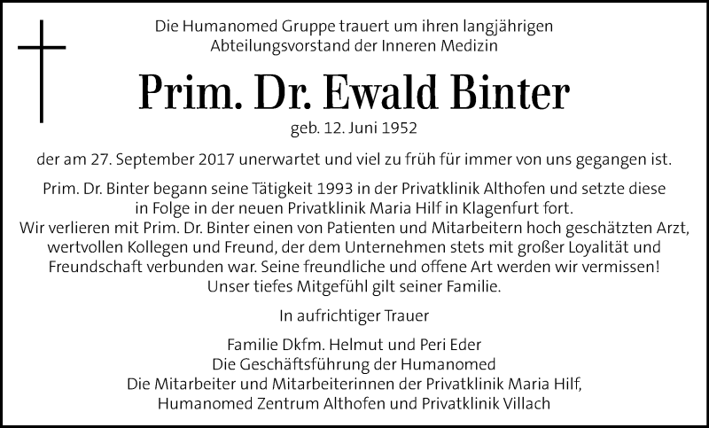  Traueranzeige für Ewald Binter vom 29.09.2017 aus Kleine Zeitung