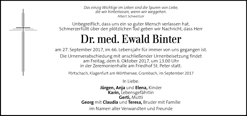  Traueranzeige für Ewald Binter vom 01.10.2017 aus Kleine Zeitung