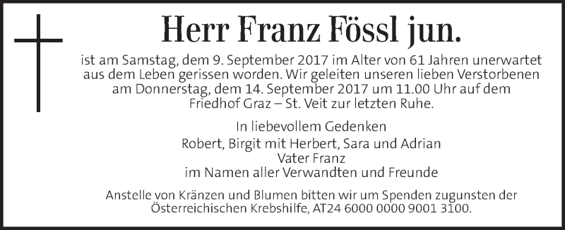  Traueranzeige für Franz Fössl vom 13.09.2017 aus Kleine Zeitung