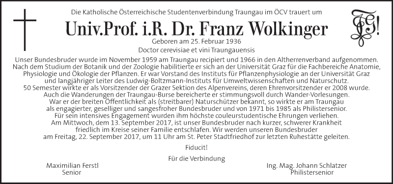  Traueranzeige für Franz Wolkinger vom 17.09.2017 aus Kleine Zeitung