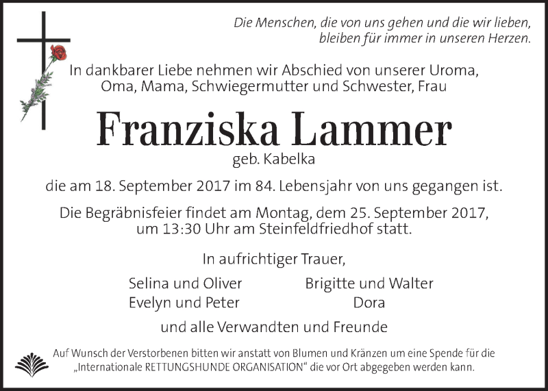  Traueranzeige für Franziska Lammer vom 22.09.2017 aus Kleine Zeitung