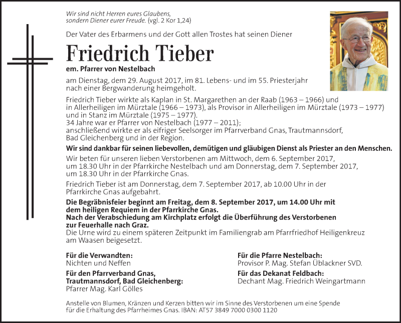  Traueranzeige für Friedrich Tieber vom 03.09.2017 aus Kleine Zeitung