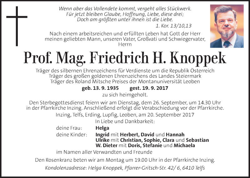  Traueranzeige für Friedrich H. Knoppek vom 23.09.2017 aus Kleine Zeitung