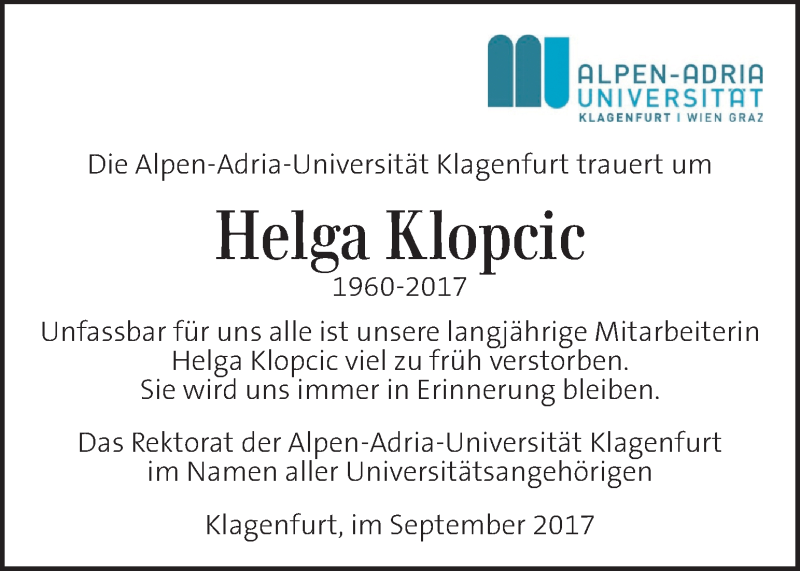  Traueranzeige für Helga Klopcic vom 09.09.2017 aus Kleine Zeitung