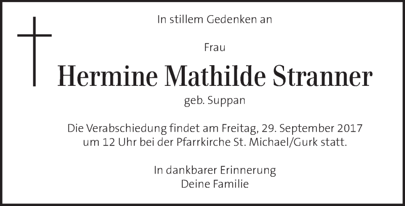  Traueranzeige für Hermine Mathilde Stranner vom 27.09.2017 aus Kleine Zeitung