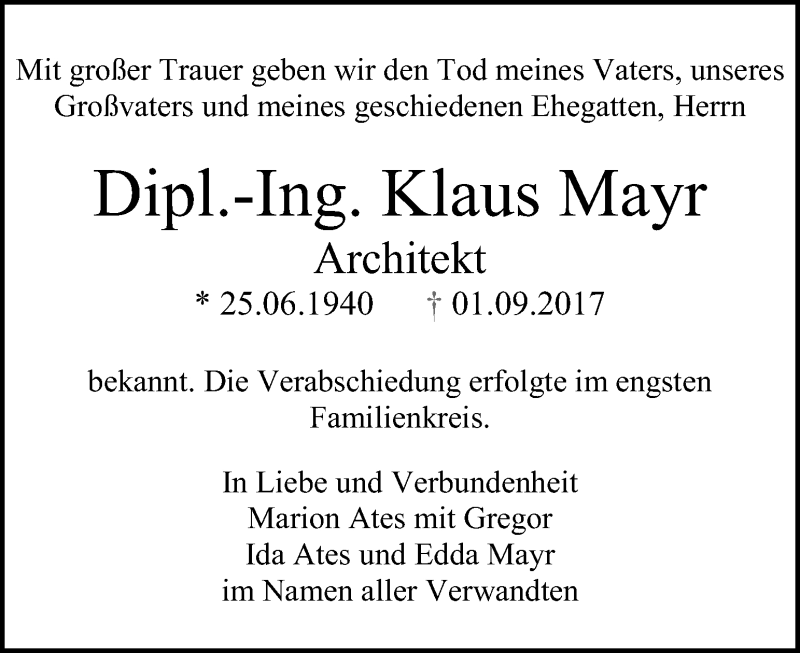  Traueranzeige für Klaus Mayr vom 13.09.2017 aus Kleine Zeitung