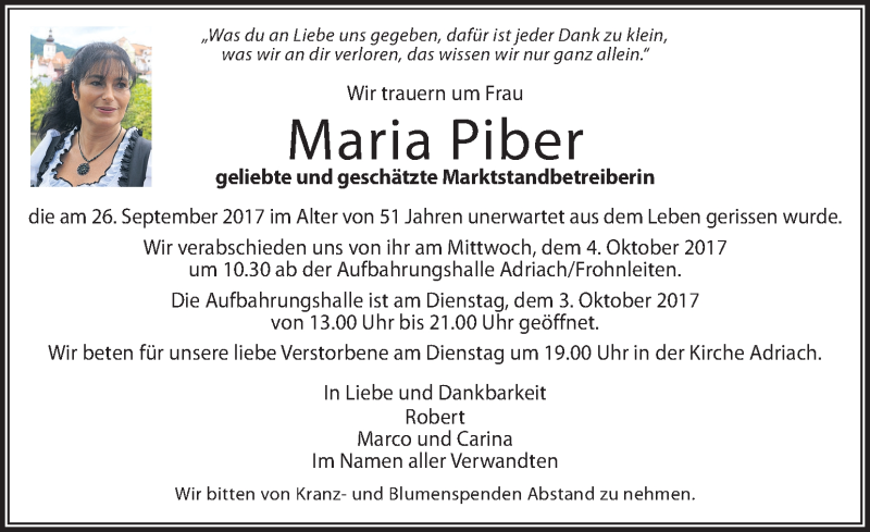  Traueranzeige für Maria Piber vom 01.10.2017 aus Kleine Zeitung