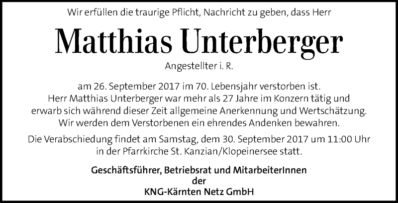  Traueranzeige für Matthias Unterberger vom 29.09.2017 aus Kleine Zeitung