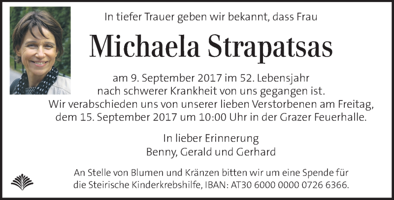  Traueranzeige für Michaela Strapatsas vom 13.09.2017 aus Kleine Zeitung