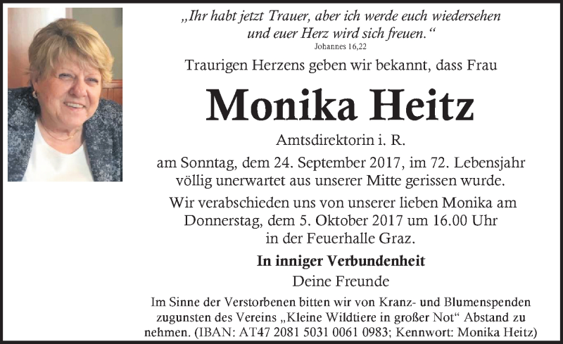  Traueranzeige für Monika Heitz vom 30.09.2017 aus Kleine Zeitung