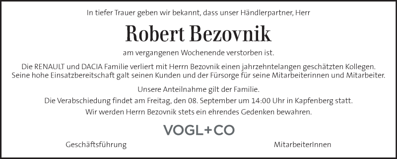  Traueranzeige für Robert Bezovnik vom 08.09.2017 aus Kleine Zeitung
