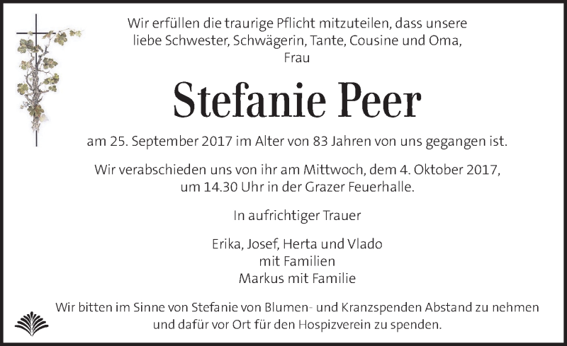  Traueranzeige für Stefanie Peer vom 30.09.2017 aus Kleine Zeitung