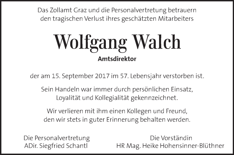  Traueranzeige für Wolfgang Walch vom 19.09.2017 aus Kleine Zeitung