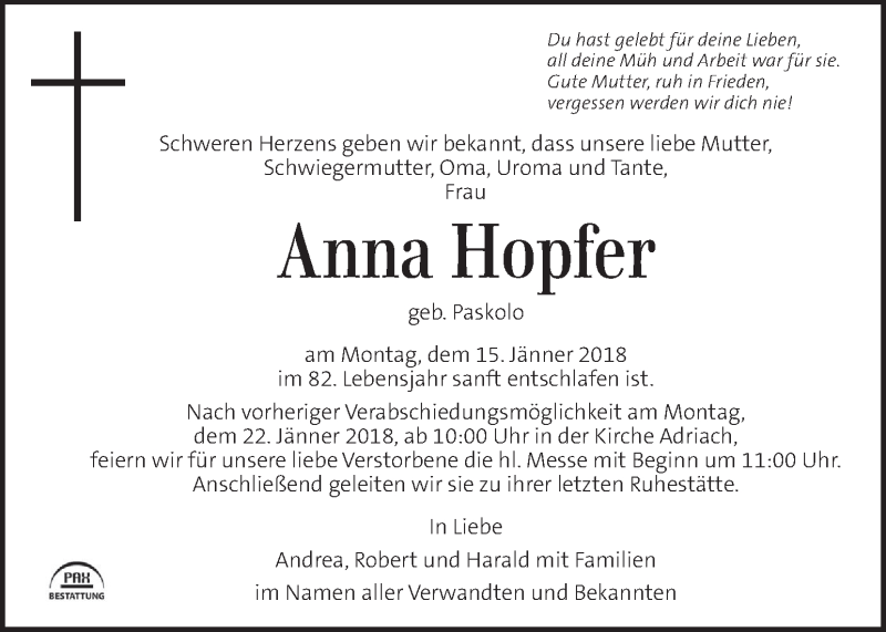  Traueranzeige für Anna Hopfer vom 18.01.2018 aus Kleine Zeitung