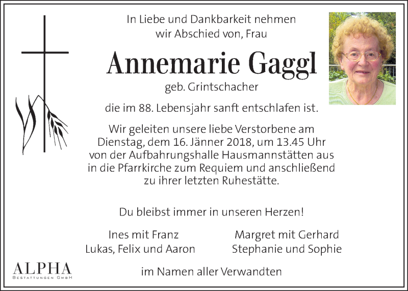  Traueranzeige für Annemarie Gaggl vom 14.01.2018 aus Kleine Zeitung