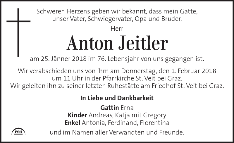  Traueranzeige für Anton Jeitler vom 30.01.2018 aus Kleine Zeitung