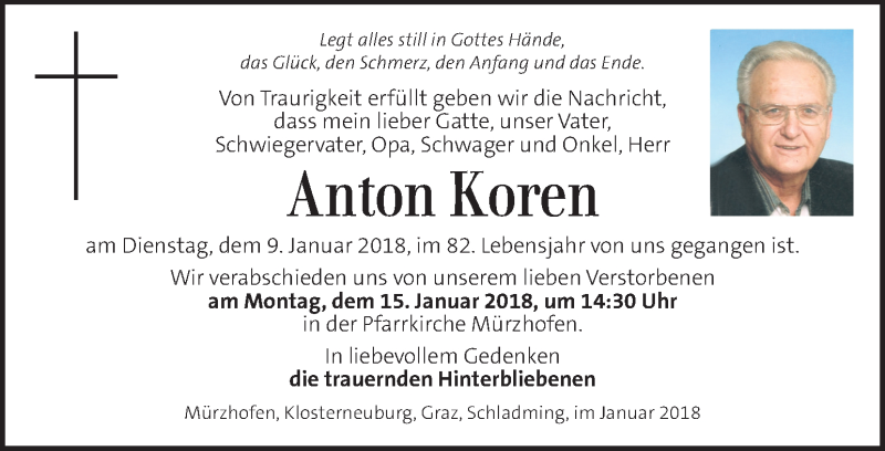  Traueranzeige für Anton Koren vom 13.01.2018 aus Kleine Zeitung