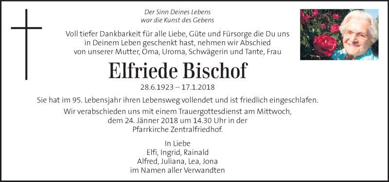  Traueranzeige für Elfriede Bischof vom 20.01.2018 aus Kleine Zeitung