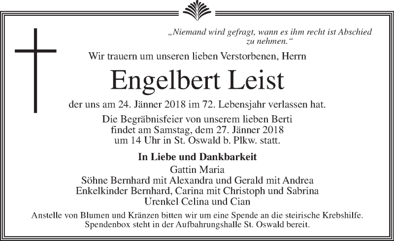  Traueranzeige für Engelbert Leist vom 26.01.2018 aus Kleine Zeitung
