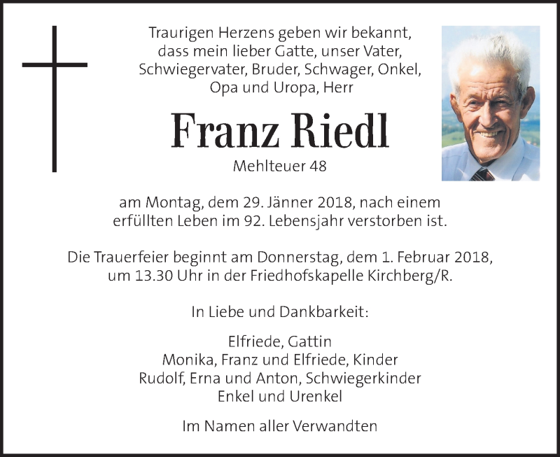  Traueranzeige für Franz Riedl vom 01.02.2018 aus Kleine Zeitung