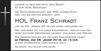 Traueranzeige von Franz Schradt von Kleine Zeitung