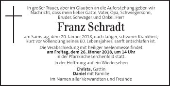 Traueranzeige von Franz Schradt von Kleine Zeitung