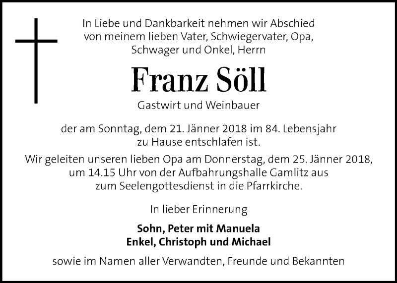  Traueranzeige für Franz Söll vom 23.01.2018 aus Kleine Zeitung