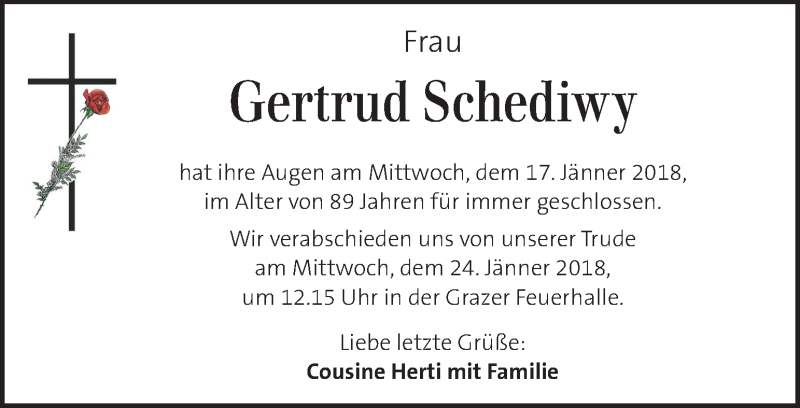  Traueranzeige für Gertrud Schediwy vom 20.01.2018 aus Kleine Zeitung