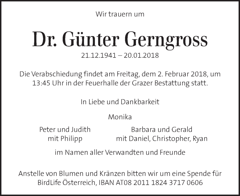  Traueranzeige für Günter Gerngross vom 26.01.2018 aus Kleine Zeitung